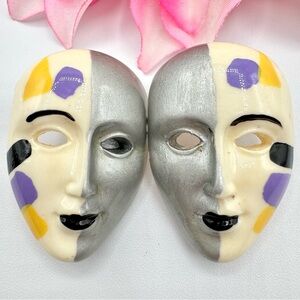 Vintage Mask Split Face Doll Carnival Earrings Artsy Avant Garde Fair Festival